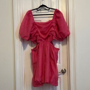 A New Day pink fluffy cap sleeve dress with peak a boo sides and smocked back